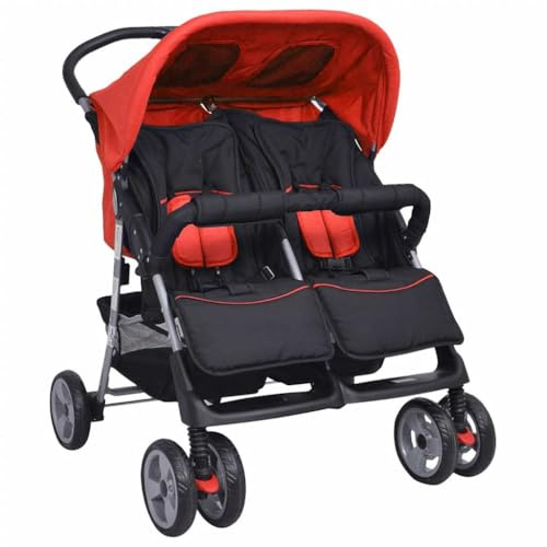 GeenYuu Zwillingskinderwagen Stahl Rot und Schwarz mit klappbarem Verdeck, 80x96x104 cm, für 1-2 Kinder bis 15 kg, faltbar, mit 360 Grad drehbaren Rädern, ideal für Stadt, Reise und Urlaub