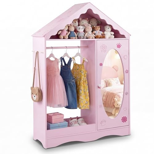 GYMAX Kids Dress up Storage, Wooden Toddler Wardrobe with Mirror, Clothes Rail, Hooks and Shelves, Children Clothes Organizer for Girls Boys Bedroom (Pink)