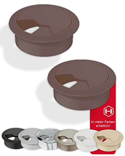 Gedotec Scrivania per canaline in robusta plastica ABS | 2 pezzi fori per cavi rotondi da 60 mm | Entrata | presa per cavi marrone opaco | canalina per cavi da inserire a pressione