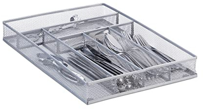 Relaxdays Besteckkasten groß Metallgeflecht, Besteckeinsatz offen, Größe L, HBT: 5,1x28,6x40,6 cm, robust, silber