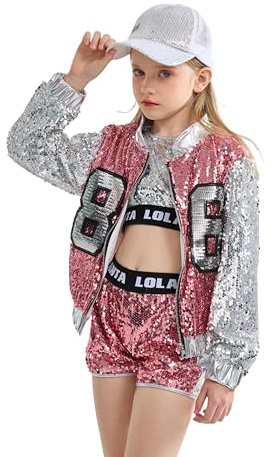 LOLANTA 4 Stück Mädchen Hip Hop Tanz Kostüm Kinder Pailletten Jazz Tanz Kleidung Set Socken angebracht, 4-15 Jahre