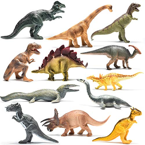 Prextex Assortiment de 12 Grands Dinosaures Figurines Réalistes - Dinosaure Jouet 25 cm en Plastique T-Rex et Autres Familles de Dinosaures Creatures Préhistoriques, Cadeau Enfants