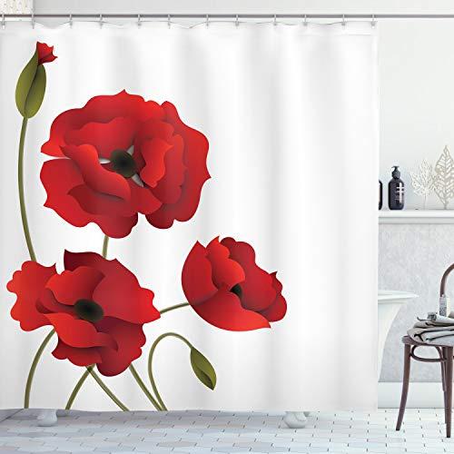 ABAKUHAUS Blumen Duschvorhang, Blumen Blütenblätter und Knospen, Stoffliches Gewebe Badezimmerdekorationsset mit Haken, 175 x 180 cm, Grün Rot
