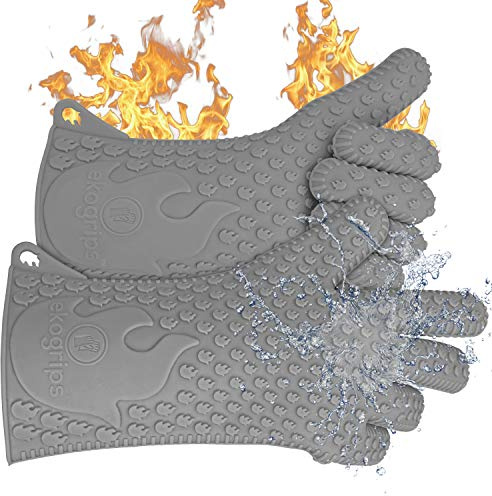 Jolly Green Products Ekogrips Heat-Resistant BBQ Gloves – Premium Silicone Cooking & Grill Gloves for Oven, Fireplace & Campfire Use, Non-Slip, Waterproof, Grey, XXL