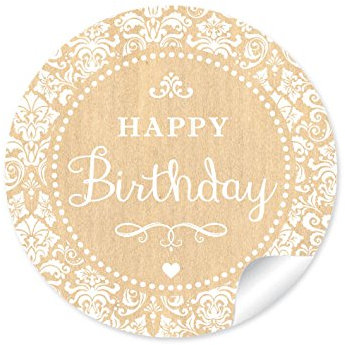 48 STICKER: Happy Birthday Geburtstagsaufkleber/Etiketten im Retro-Vintage-Style in natur mit Ornamente weiß (A4 Bogen) • Papieraufkleber (Aufkleber im Format 4 cm, rund, matt)