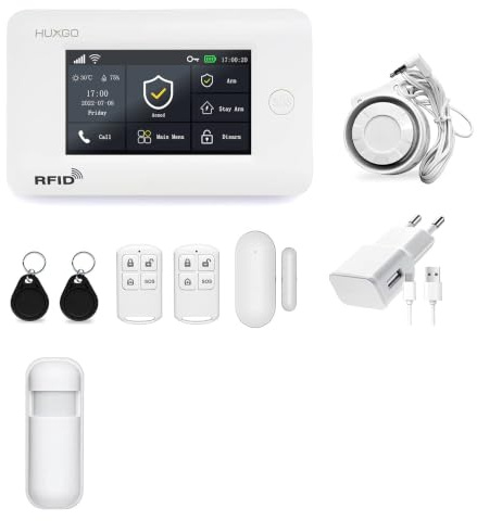 HUXGO HXA006 Funk Alarmanlage mit 1x Bewegungssensor WiFi + GSM Modul - Bewegungsmelder mit Alarm - Alarmanlage Haus Wohnung Garage - Funk Bewegungsmelder mit Empfänger