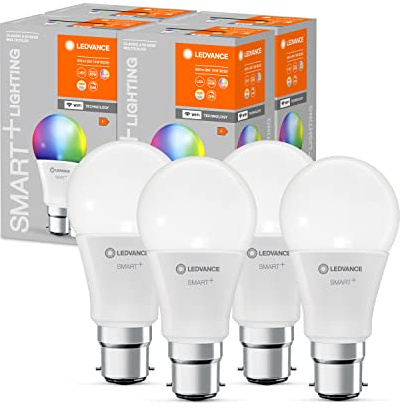 LEDVANCE Smarte LED-Lampe mit WiFi Technologie, Sockel B22d, Dimmbar, Lichtfarbe änderbar (2700-6500K), RGB Farben änderbar, ersetzt Glühlampen mit 60 W, SMART+ WiFi Classic Multicolour, 4er-Pack
