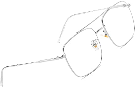 Voolga Blaulichtfilter Brille mit Großer Rahmen, Übergroß Rechteckig Brille Ohne Stärke Damen und Herren, Fake Brille für Anti Blaulicht von Computer, Metallrahmen mit Frühlings Scharnieren (Silver)