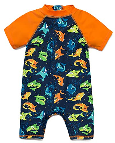 Mazuliso Bebé Niño Traje de Baño UPF50+ una Pieza Manga Corta Bañadores con Cremallera y Sombrero(Orange1,92-98 CM)