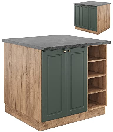 Vicco Kücheninsel Fame-Line, Grün-Gold Landhaus/Goldkraft Eiche, 90 cm | MDF-Front · 6 Einlegeböden · Höhenverstellbare Füße · Metallgriffe · Soft-Close