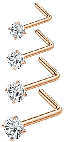 Diamday 4 Stück 20G Nasenstecker L-Form Nasenringe Edelstahl Nasenpiercing Stift Gebogen Ohrstecker Ringe Hypoallergen Nase Nostril Piercing für Frauen Männer 1.5mm 2mm 2.5mm 3mm Roségold