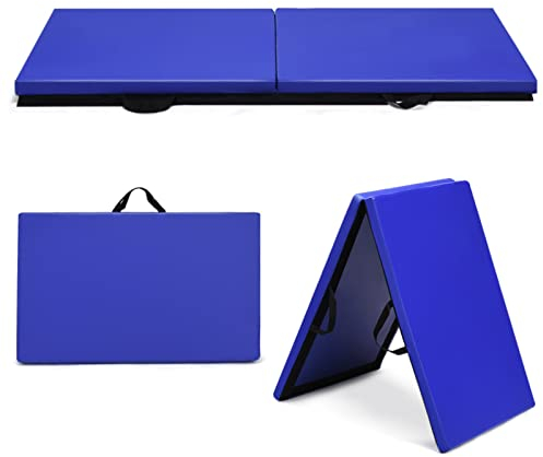 GYMAX Klappbare Trainingsmatte 180 x 60 x 4 cm, Turnmatte mit Griff, Fitnessmatte, Weichbodenmatte mit PU-Oberfläche & Schaumstoff, Gymnastikmatte für Gymnastik, Yoga & Pilates (Blau)
