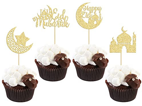 24 Pack Eid Mubarak Cupcake Toppers Gold Glitter Moon Star Happy Eid Cupcake Picks for Islamic Muslim Mubarak Festival Ramadam Kareem Party Cake Decorations Supplies