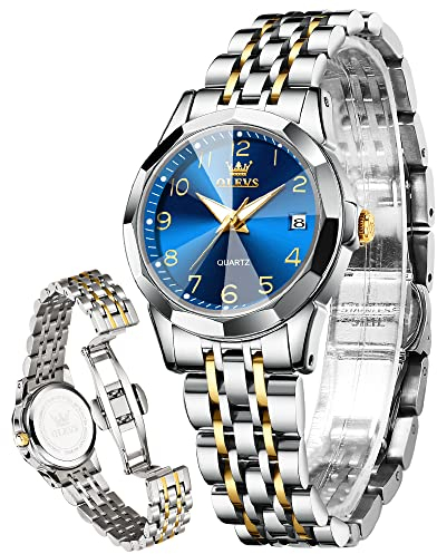 OLEVS Damenuhren Leicht zu lesen Armbanduhr mit Kleines Gesicht Gold Silber Edelstahlband Leuchtend wasserdichte Kalender Luxus Armbanduhr