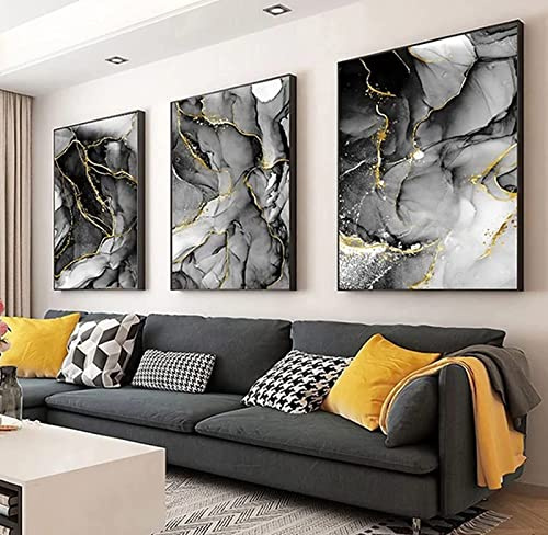 HEHGVCF Wandbilder Schwarzes Grau Leinwand Bilder Abstrakte Geometrie Marmor 3er Set Kein Rahmen Home Deko Bilder Grau Gold Blau Rosa (A,60 x90cm)