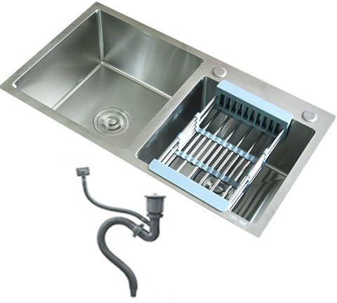 Fregadero de Cocina de Dos Senos con Tapón Colador y Kit de Desagüe Fregadero de Barra de Acero Inoxidable Montaje Superior o Montaje Inferior para Restaurantes, Tiendas,82x45cm