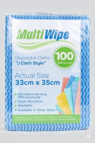 MultiWipe 100 Blue J Cloth Design | 30% Wood Pulp 70% Polyester | 33m x 35cm | Highly Absorbent Single or Multi Use Cleaning Cloth