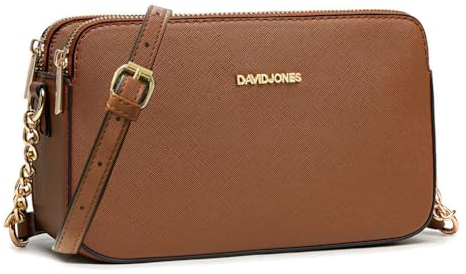 David Jones - Damen Kleine Umhängetasche - Crossbody Bag PU Leder - Reißverschluss Tasche mit 3 Fächern - Elegante starre Handtasche Stilvolle Abendtasche - Schultertasche Alltag Modisch Cognac Braun