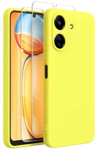 FUNHULLUN Funda Compatible con Xiaomi Redmi 13C con 2 Protector Pantalla Cristal Templado,Forro de Microfibra,Ultradelgada y Suave de Silicona Líquida Carcasa-Amarillo