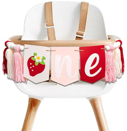 MUWEOL Berry First Birthday High Chair Banner - Strawberry Tassel Garland，Sweet One Decoration，1st Birthday Party Highchair Banner (berry banner)