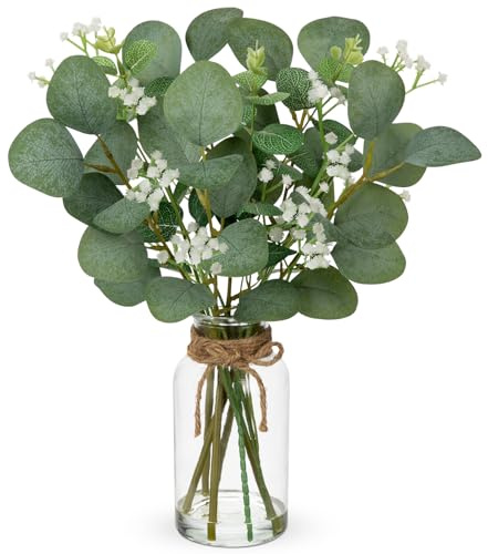 Hollyone Tiges d'eucalyptus artificielles de 35 cm dans un vase en verre avec fausse eau, fausse plante d'eucalyptus de 35,6 cm avec souffle de bébé pour décoration d'intérieur, salon, bureau,