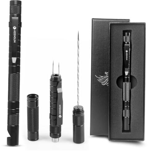 KEENSUN Juego de herramientas 6 en 1 con forma de bolígrafo para puros con perforador de cigarros (7 mm), cortador potenciador de extracción de puros, nubber doble, silbato y clip (negro)