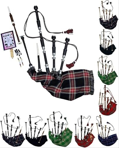 AAR Scottish Bagpipe Rosewood Royal Stewart Tartan Natural Color with Silver Plain Mounts Free Tutor Book, Carrying Bag, Drone, Reeds