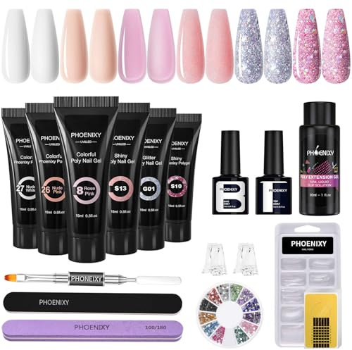 Phoenixy Gel Ricostruzione Unghie 6 Colori 15 ML Kit Unghie Gel Completo Bianco Rosa Nudo Base Coat e Top Coat Kit Ricostruzione Unghie Principiante Per Le Donne Clip per Unghie