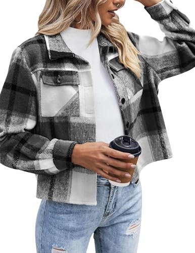 Zeagoo Übergangsjacke Damen Kurze Jacke Flanell Karierte Hemdjacke Lange Ärmel Herbst Winter Flanellhemd Karierte Hemd Bluse Holzfällerhemd Schwarz XXL