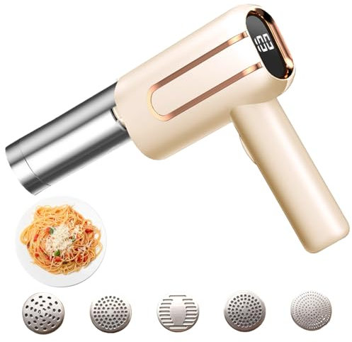 Pasta Machine, Handheld Electric Pasta Maker, 5-in-1 Cordless Noodle Maker, Electric Pasta Machine with Battery Level Display for Prepared Spaghetti/Fettuccine