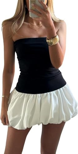 YongXinMY Minivestido sin tirantes para mujer, falda de burbujas, vestido corto, corsé con hombros descubiertos, vestido de globo, fiesta de club, En Blanco Y Negro, S
