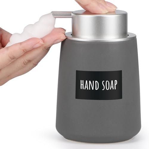Segbeauty Schaumseifenspender, 360ml Seifenspender Grau, Seifenspender Schaum mit Großer Pumpenkopf und Etiketten, für Duschgel, Spülmittel, Shampoo (Keramik)