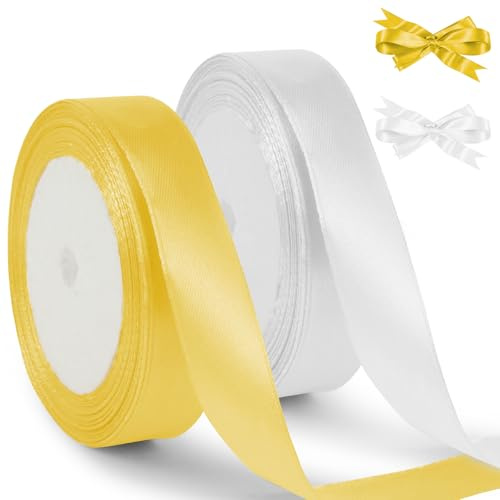 HOTUT Ruban Satin blanc et doré, 2 rouleaux Ruban Cadeau Emballage 20mm, 44M ruban de décoration, rubans cadeaux noel, Rubans de Soie Décoratif d'arc pour Mariage, Fête Halloween, Ballons, Artisanat