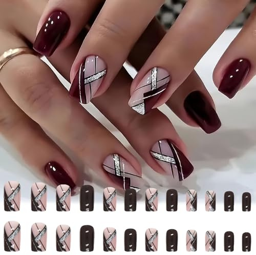 WhaleO Lot de 24 Ongles Gel Réutilisables pour Nail Art et French Manucure - Lignes Rouges Foncées