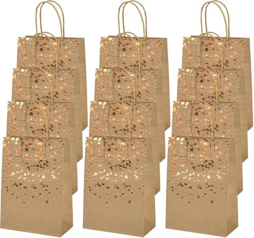 Sac Cadeau Doré 12 Pièces Kraft avec Poignées en Papier Recyclable Bronzage Sac Cadeau Pochette pour Fêtes, Anniversaire, Mariage et Noël