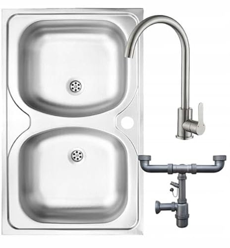 DomoDomo - Fregadero doble, sobreencimera, fregadero de 2 cubetas, acero inoxidable 80x50 cm + orificio para grifo + mezclador + sifón