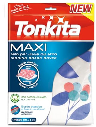Tonkita | Maxi Telo per ASSE da Stiro 140x50 cm, Copri ASSE in Cotone Ricilato e Morbido Mollettone, con Bordo Elastico, per Assi da Stiro Fino a 132x42 cm - Made in Italy
