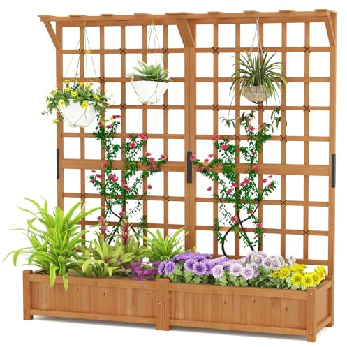 HOMASIS 2 Stück Blumenkasten mit Rankgitter & Dachregal, Pflanzkasten mit Spalier, 180 cm Pflanzkübel Hochbeet aus Holz, Rankhilfe für Kletterpflanz, Pflanzgefäß für Garten Balkon Terrasse (Orange)