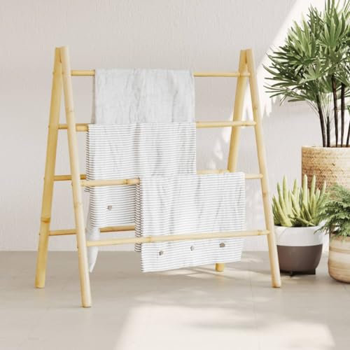 YYLIVING Échelle Porte-Serviettes Double à 4 échelons 90 x 50 x 100 cm en Bambou, Support de séchage autoportant, Rails de Suspension pour vêtements de Salle de Bain en Bois, suppor