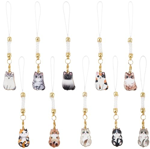 SUNNYCLUE 1 Box 20Pcs Cat Phone Charms Cute Phone Charm Hanging Ornament Lanyard Enamel Animal Mobile Straps Kawaii Cat Pendants for Women Adults DIY Cellphone Case Keychains Bag Camera Decor
