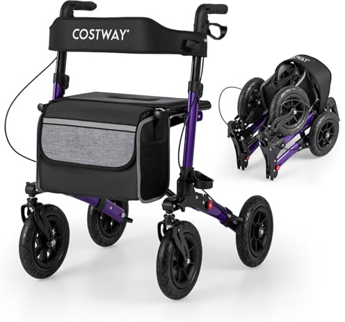 COSTWAY Folding Rollator, Height Adjustable Rolling Walker with Seat, All Terrain Pneumatic Tires and Storage Bag, Lightweight Walking Aid Frame for Elderly & Disabled (Purple, 82 x 62 x 81.5-97cm)