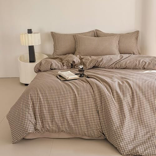 Covebett Housse de Couette 220x240 à Carreaux Vichy Marron Moderne Parure de Lit Adulte 2 Personnes Housse Couette en Microfibre Linge de lit avec Fermeture Éclair et 2 Taies d'oreiller 65x65cm