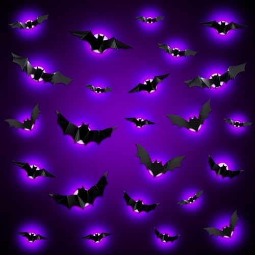 BUOAZR 24 Piezas LED Luz púrpura Pegatinas de murciélagos en 3D, calcomanía de Pared de Halloween, Decoración de fiesta de Halloween, para ventanas, Pared, Puerta de casa, Exterior, Interior