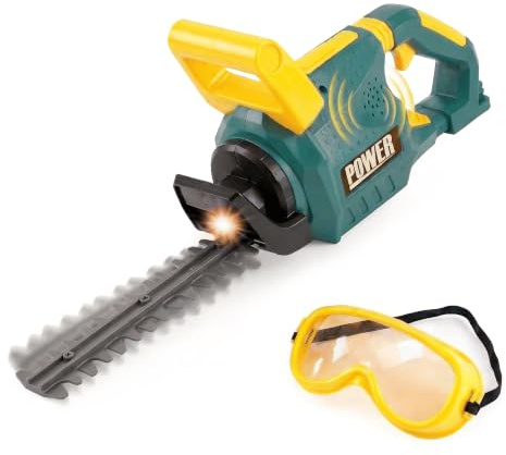 The Magic Toy Shop Kids Garden Hedge Trimmer Toy with Safety Goggles – Battery Operated Chainsaw with Lights, Sounds, & Moving Plastic Blade – Children's Power Tool for Outdoor Role Play