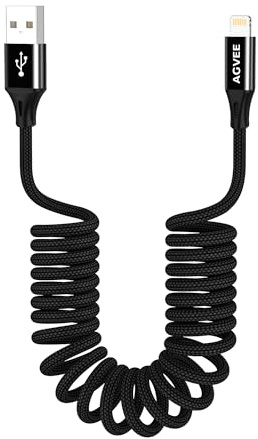 AGVEE 2 Pack 1.5ft Coiled Short USB to Lightning Charging Cable [MFI Certified] 3A Fast Charger Cord in Car for iPhone 14/13/12/11/XS/8/7/6/5 CarPlay, iPad, iPod, Black