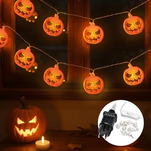 CozyHome Halloween Kürbis Lichterkette - 6 Meter & 20 LED in Warmweiß I Mit Stecker I Kürbislichterkette Jack O Lantern I Halloween Lichterkette Haloween Theme I Fairy Lights Indoor Led Beleuchtung