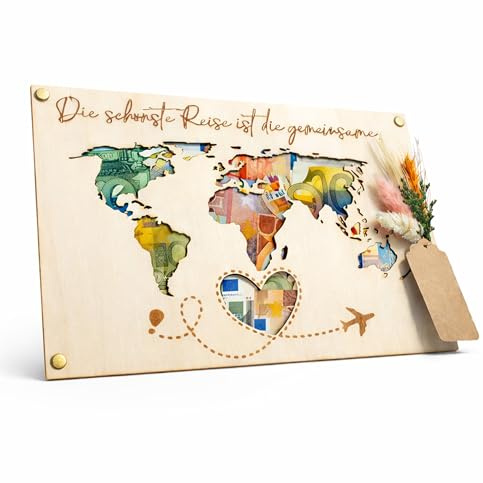 Geldgeschenk Hochzeit Weltkarte aus Holz - Originelles Hochzeitsgeschenk für Brautpaar, Kreative Geldverpackung & Wunscherfüller für Flitterwochen & Reise, Personalisiertes Holzbild mit Trockenblumen