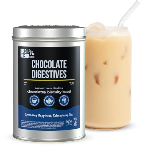 Bird & Blend Chocolate Digestives Tea 150g Tin, Cocoa & Caramel Flavour | Vegan Chocolate Dessert Tea - Black Loose Leaf, Caffeinated