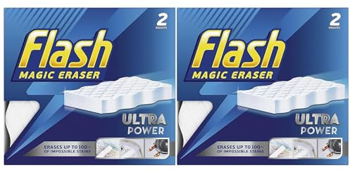 4 x Flash Magic Eraser Ultra Power Cleaning Sponges, No Chemicals Needed, Removes Tough Marks, Scuffs, Crayon, Grease & Grime from Walls, Tiles, Floors, Sinks, Kitchen & Bathroom Surfaces (Pack of 2)