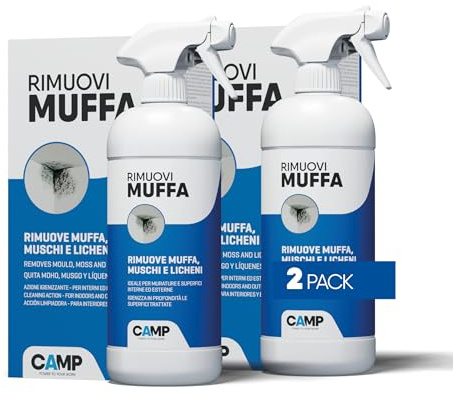 CAMP Rimuovi Muffa - Antimuffa per Muri Interni ed Esterni ad Azione Rapida, Spray Antimuffa Igienizzante Pronto all'Uso, Ideale per Rimuovere Muffe, Muschi e Funghi - Prodotti Pulizia Casa, 2x750 ml